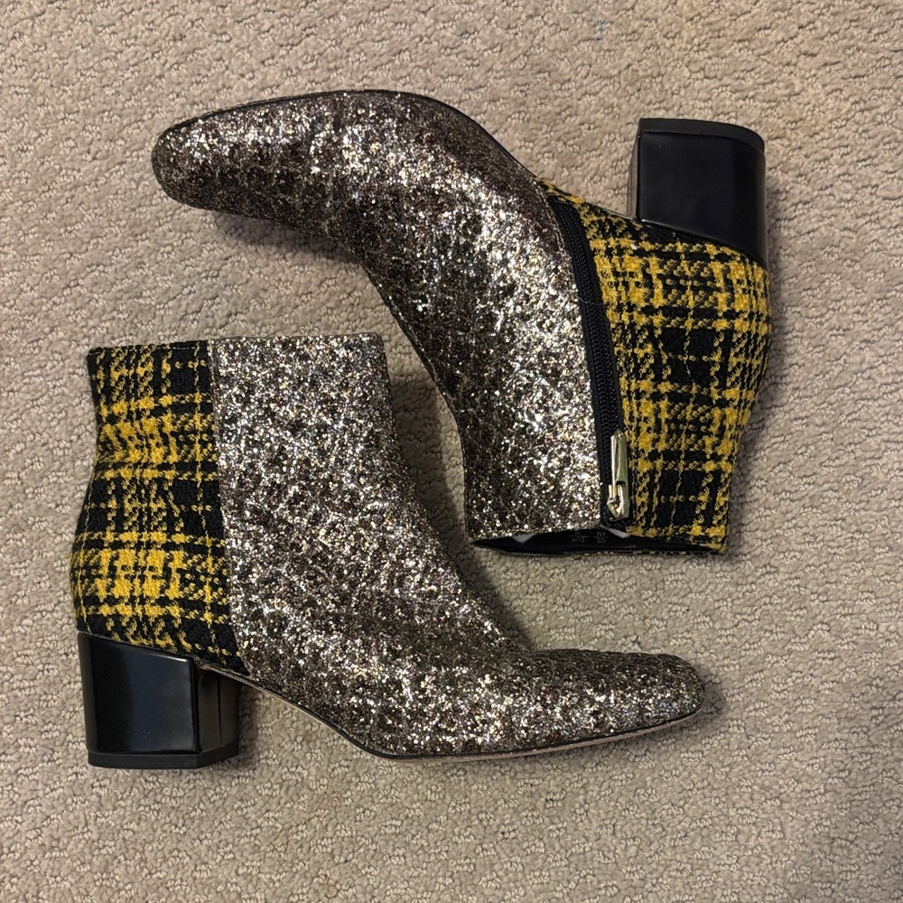 Sam Edelman Silver Glitter and Yellow Plaid Ankle Boots